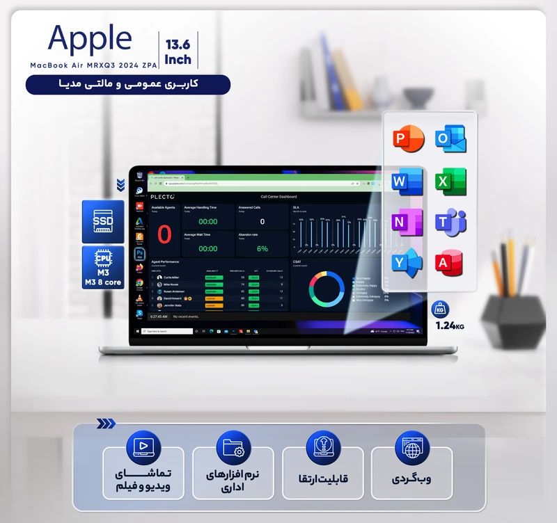لپ تاپ 13.6 اینچی اپل مدل MacBook Air MRXT3 2024 ZPA-M3-8GB RAM-256GB SSD